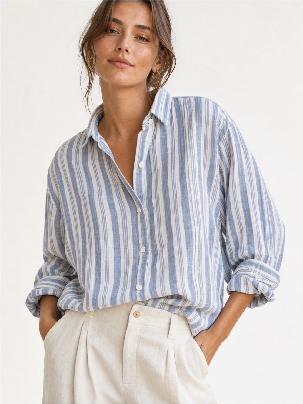 Lucky Brand Blue and White Vertical Stripe Button-Down Shirt, 100% cotton, L